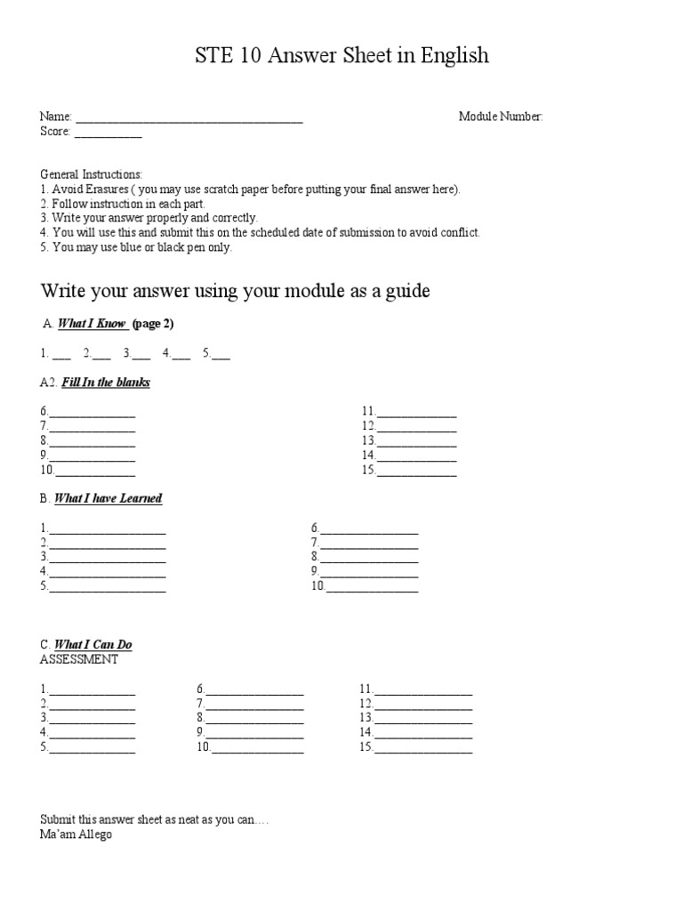 STE 10 Answer Sheet Template | PDF | Career & Growth