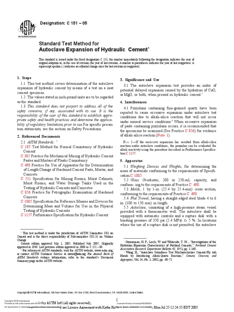 Astm C 151 2005 Standart Test Method For Autoclave Expansion of