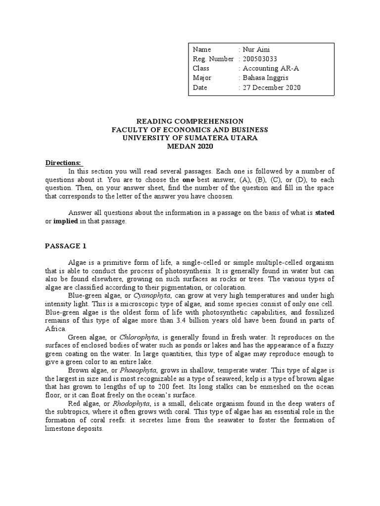 Reading Comprehension Exercise | PDF | Algae | Eukaryotes