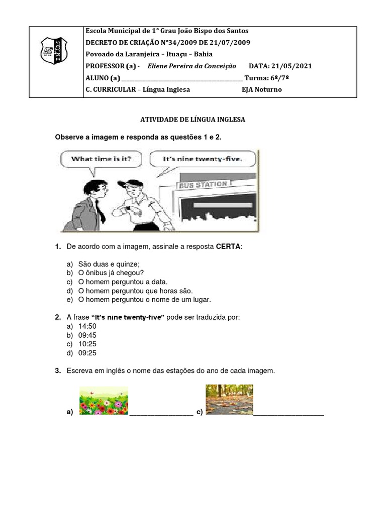 Correção das Atividades de Inglês, Correção das Atividades de Inglês - PET  VI - 6º ano - 1º semana Professores: Nilson, Sabrina e Sônia, By Escola  Estadual Virgínio Perillo