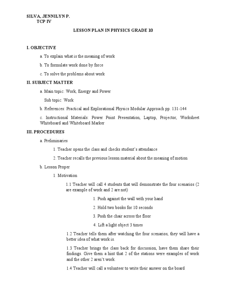 Grade 10 Physics Lesson Plan: Work | PDF | Lesson Plan | Teachers