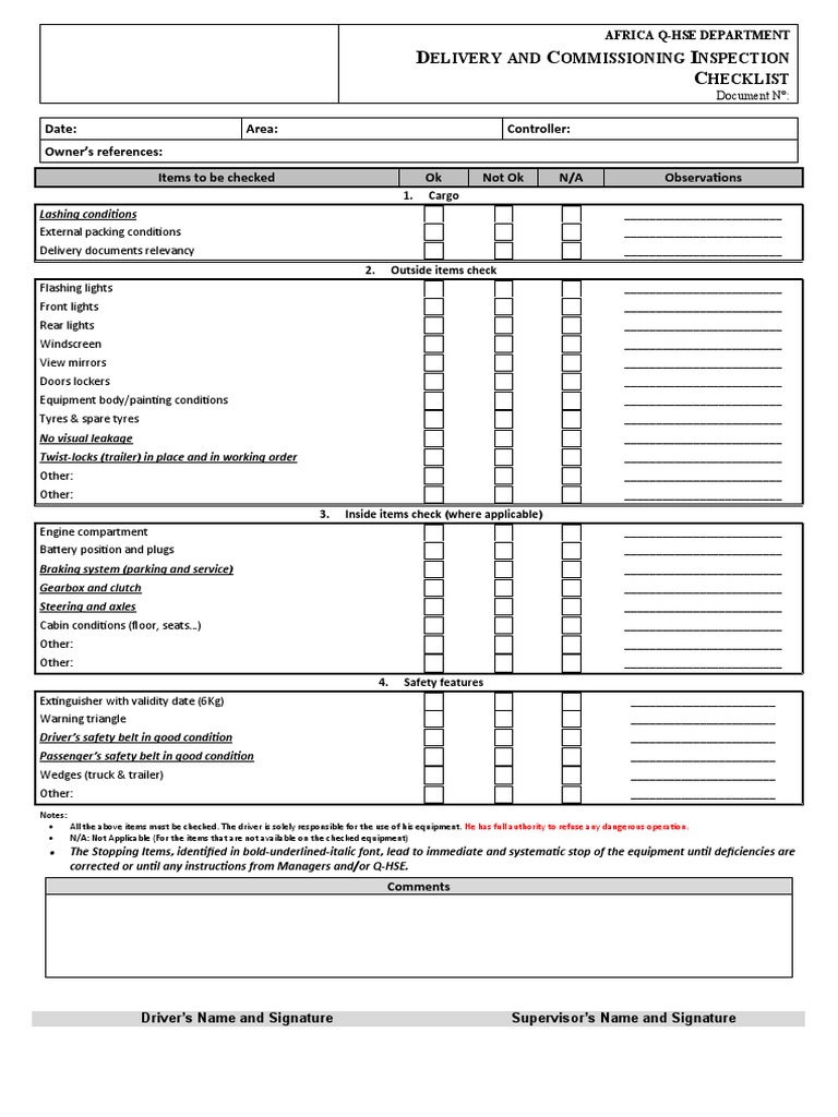 Delivery and Commissioning Inspection Checklist | Download Free PDF ...