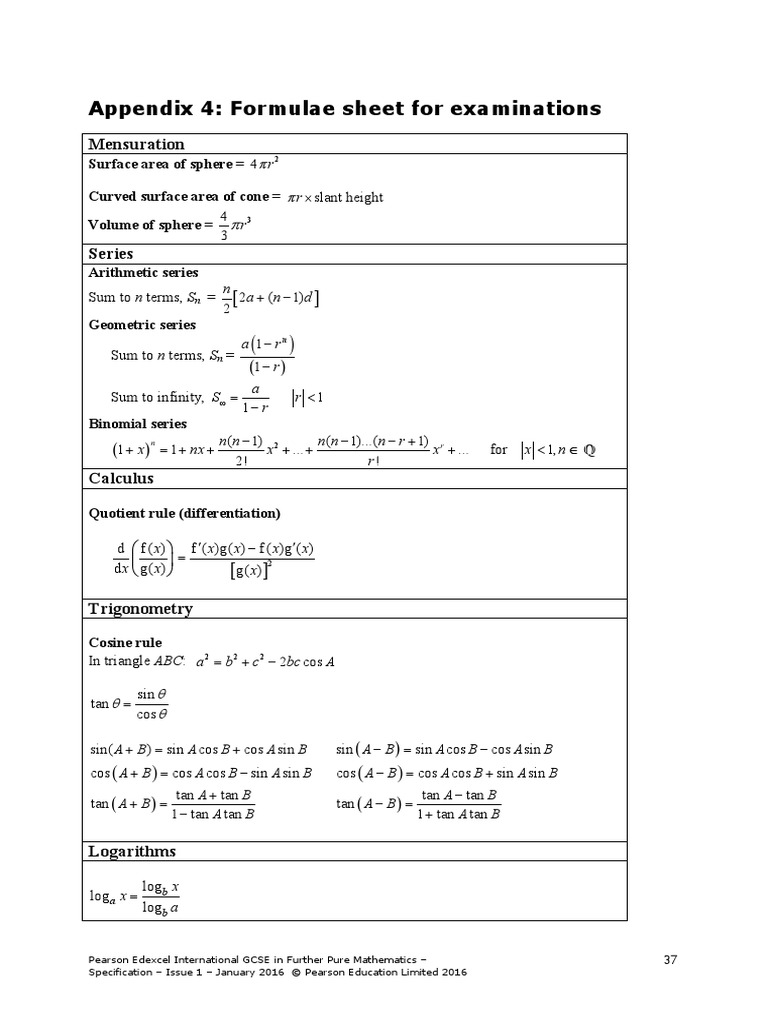 IGCSE Formulae Sheet Further Maths | PDF | Trigonometric Functions | Sine