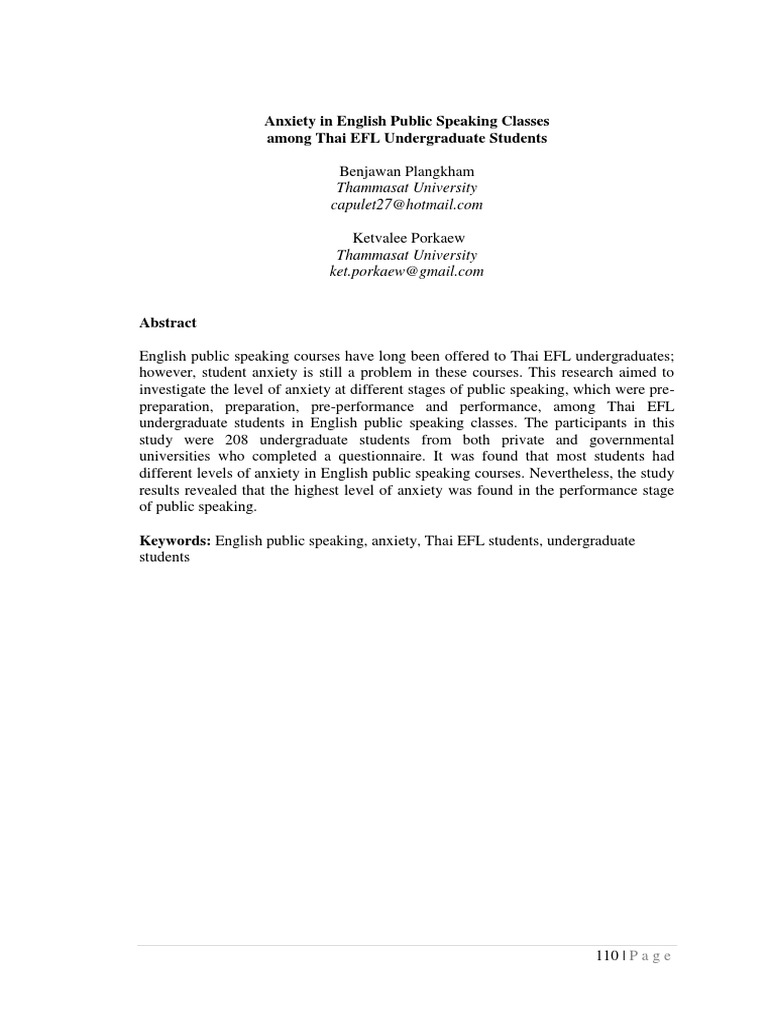 Public Speaking Anxiety in Thai EFL Students | PDF | English As A ...