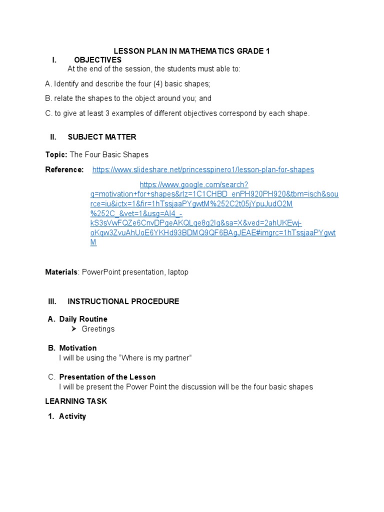 LESSON PLAN IN MATHEMATICS GRADE 1