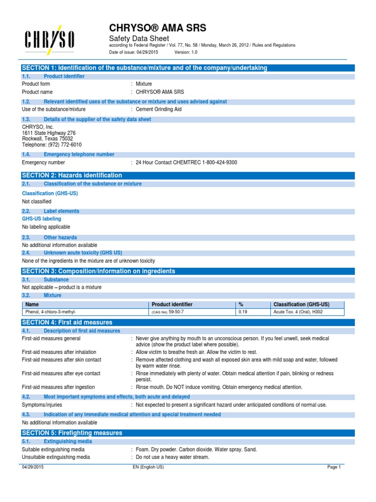 Chryso® Ama SRS: Safety Data Sheet | PDF | Firefighting | Toxicity