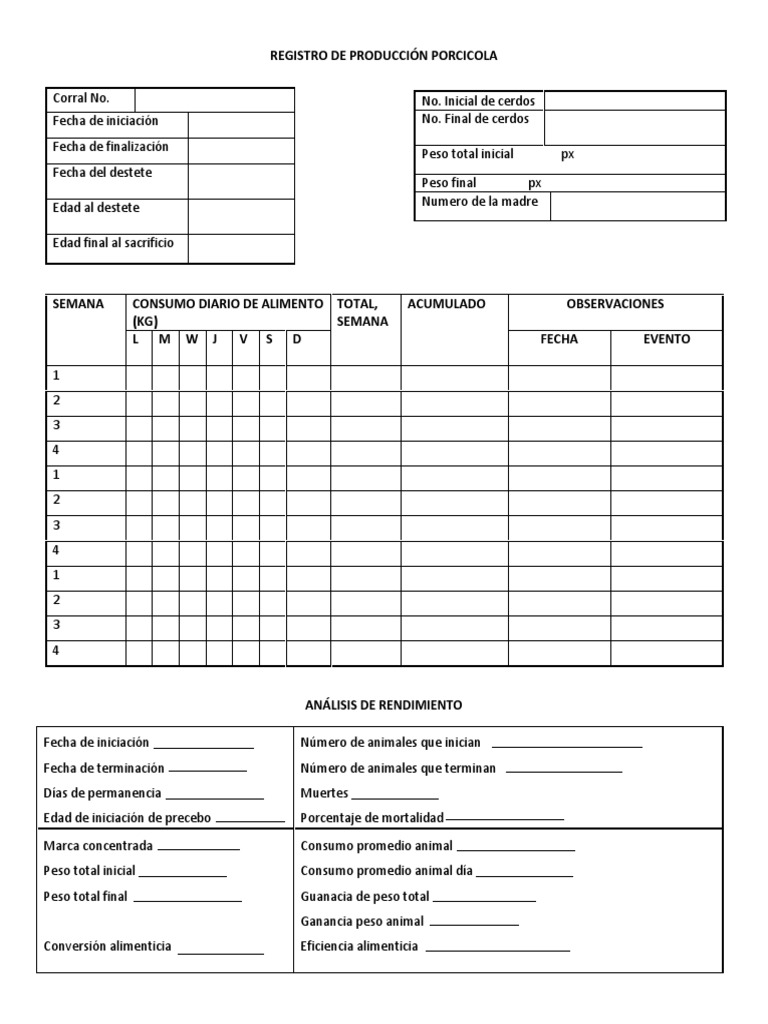 Registro de Producción Porcina PDF Cerdo doméstico