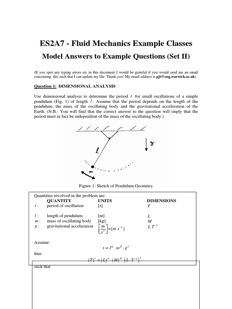 ES2A7 Fluid Mechanics Example Classes Model Answers To Example