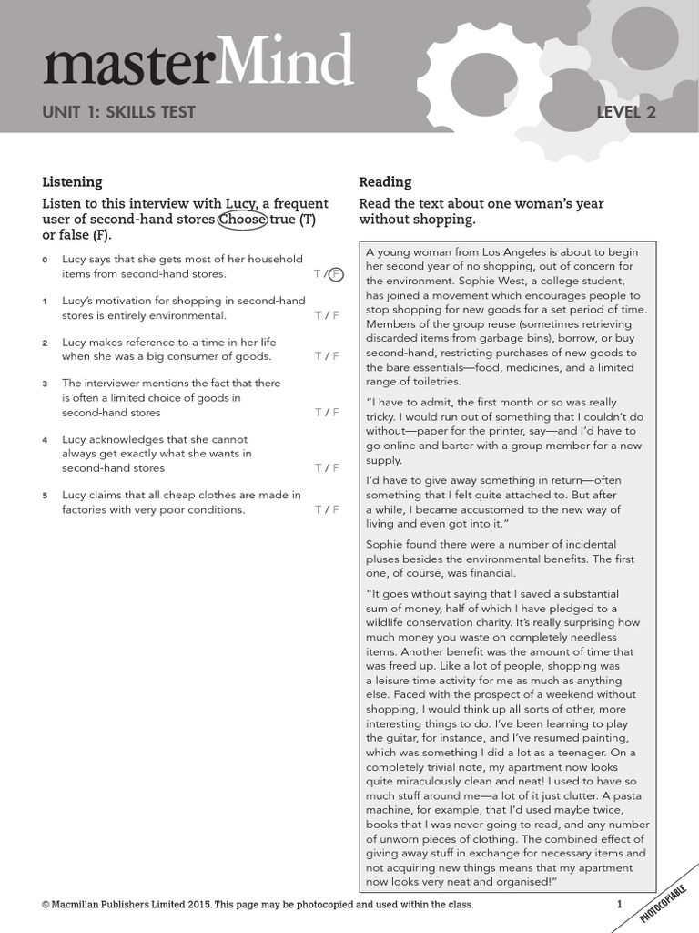 Mastermind 2 Unit 1 Skills Test | PDF | Waste | Economies