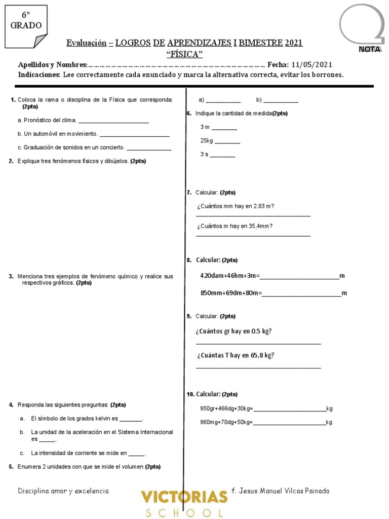 Evaluación Bimestral Sexto Grado Fisica PDF Metrología Física