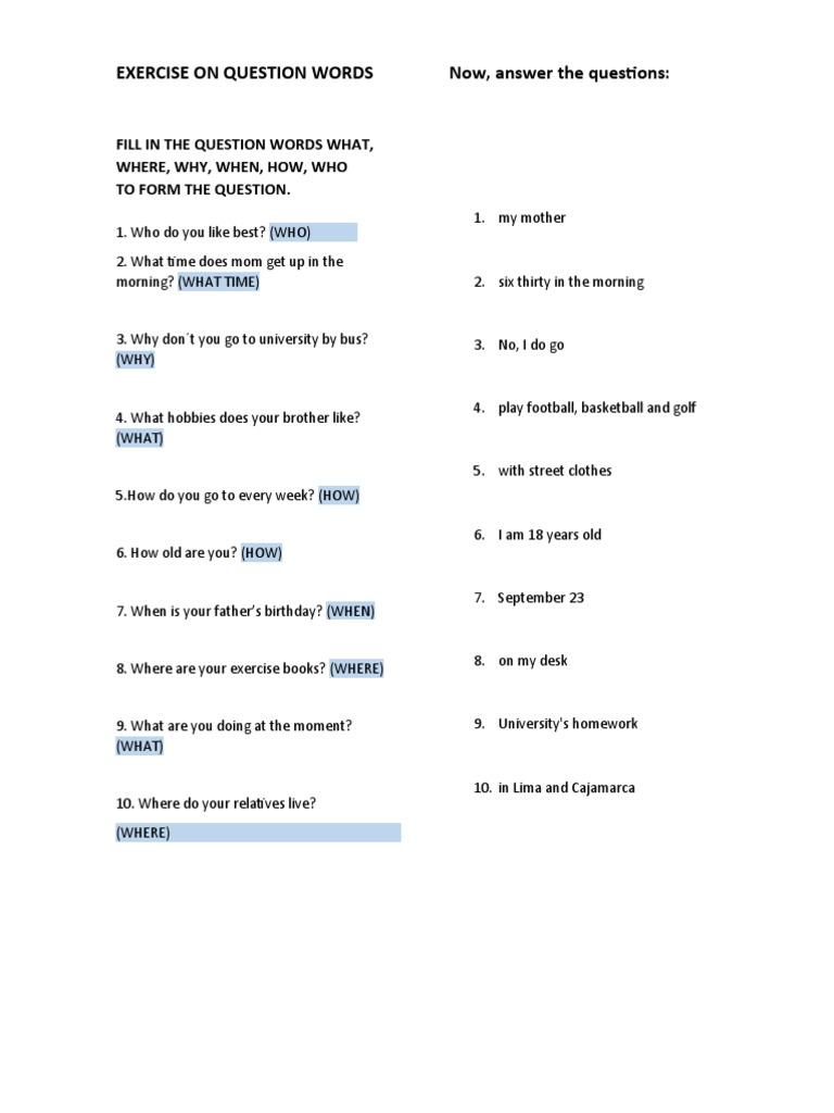 Exercise On Question Words Now, Answer The Questions | PDF | Sports ...