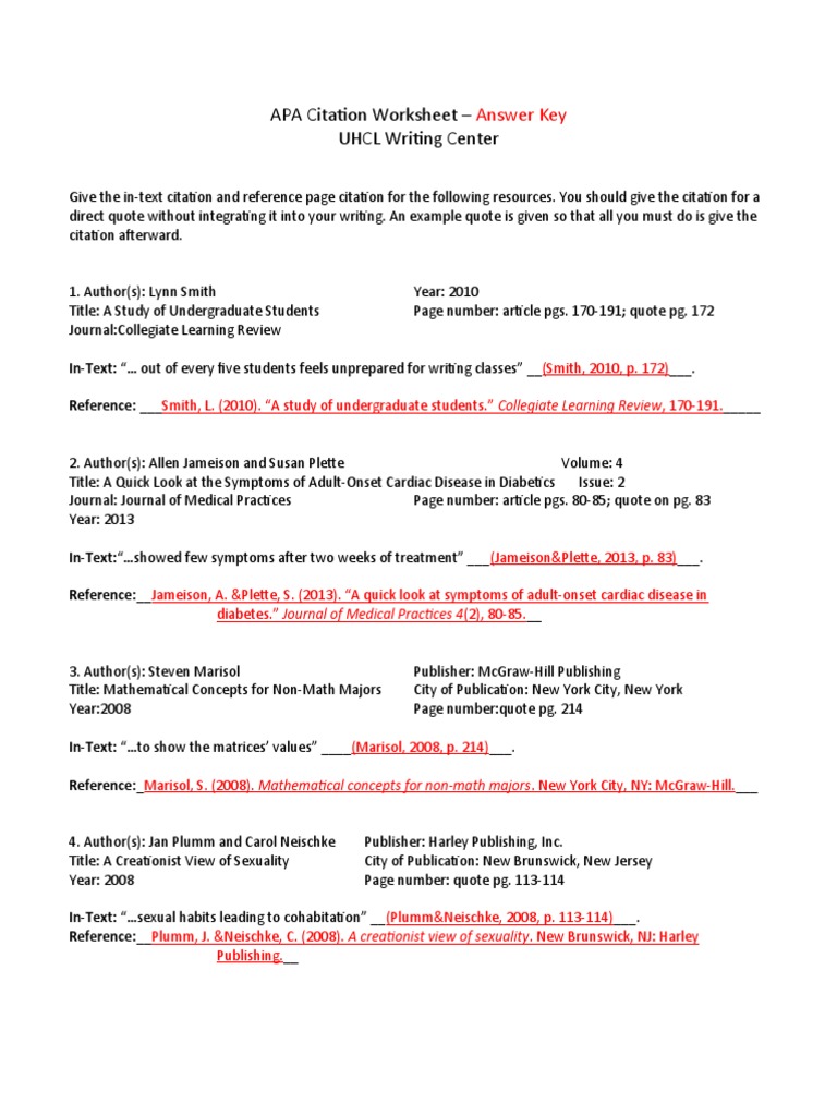 APA Citation Worksheet Answer Key | PDF | Health Care | Wellness