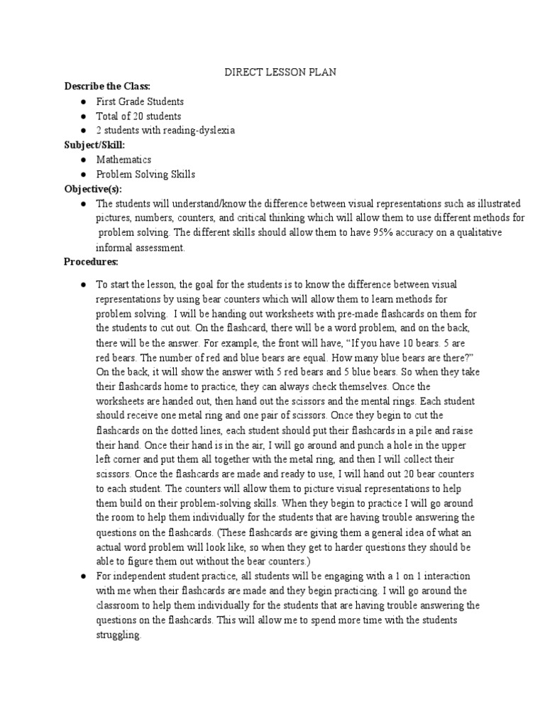 First Grade Math Problem Solving Plan | PDF | Lesson Plan | Pedagogy