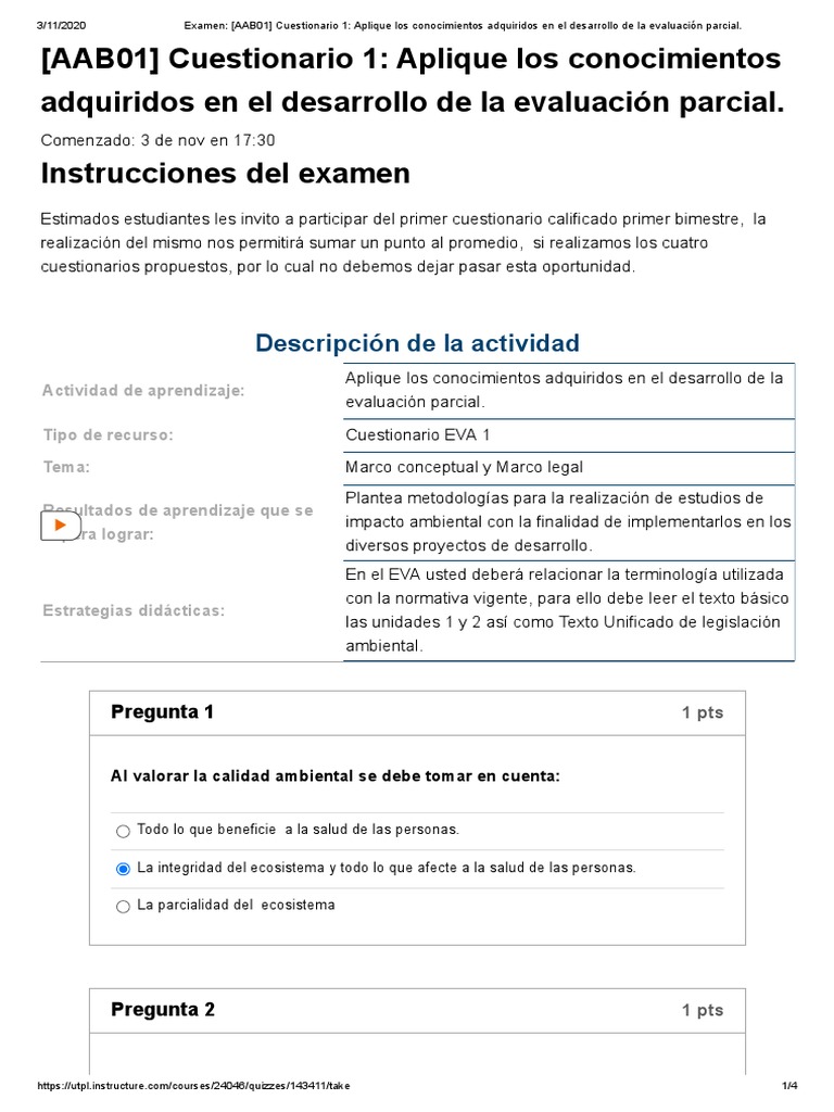Cuestionario 1 Impacto Ambiental | PDF | Evaluación | Entorno natural