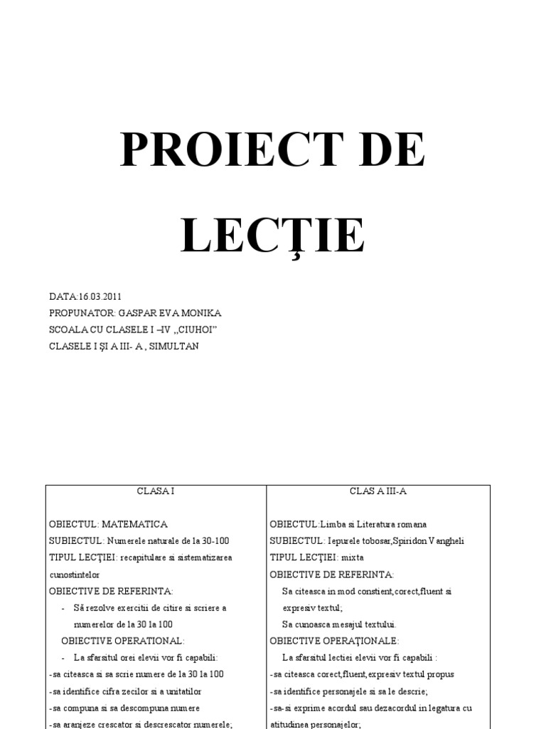 Proiect Didactic Clase Simultane