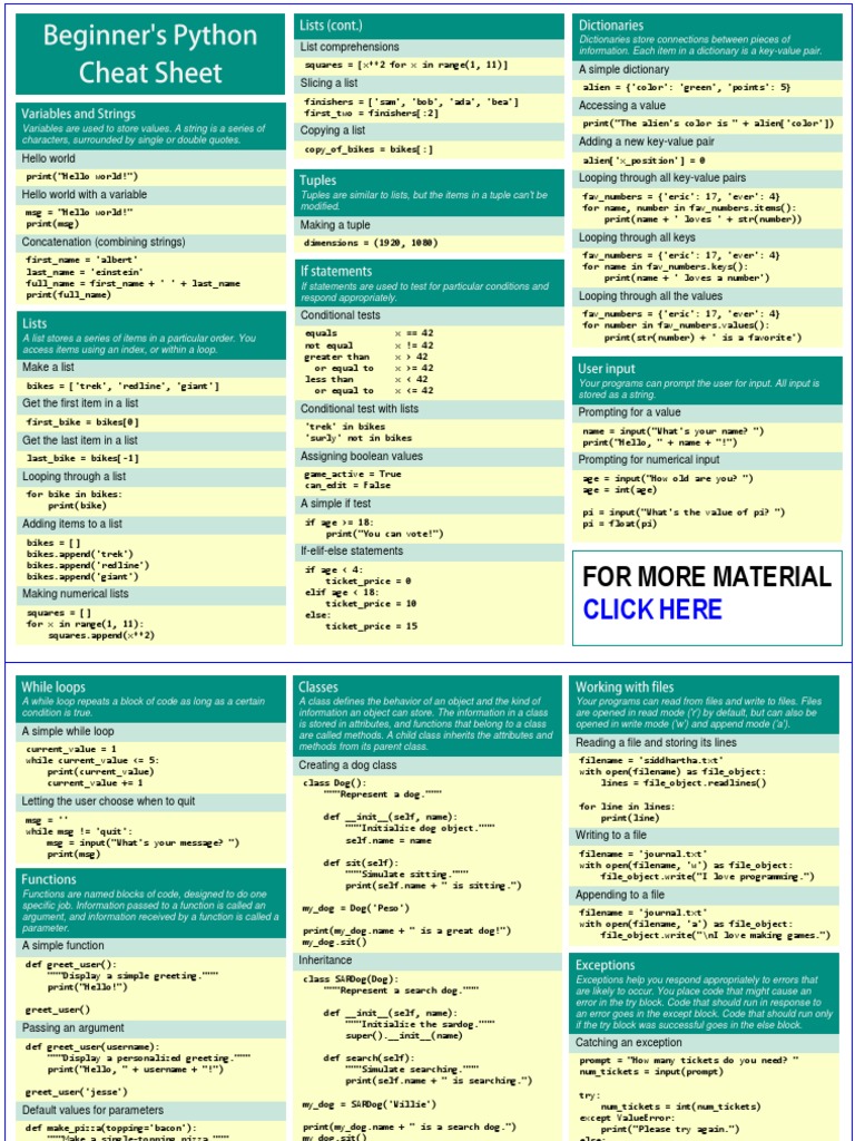 Python Cheat Sheet For Beginners | PDF | Control Flow | Bracket