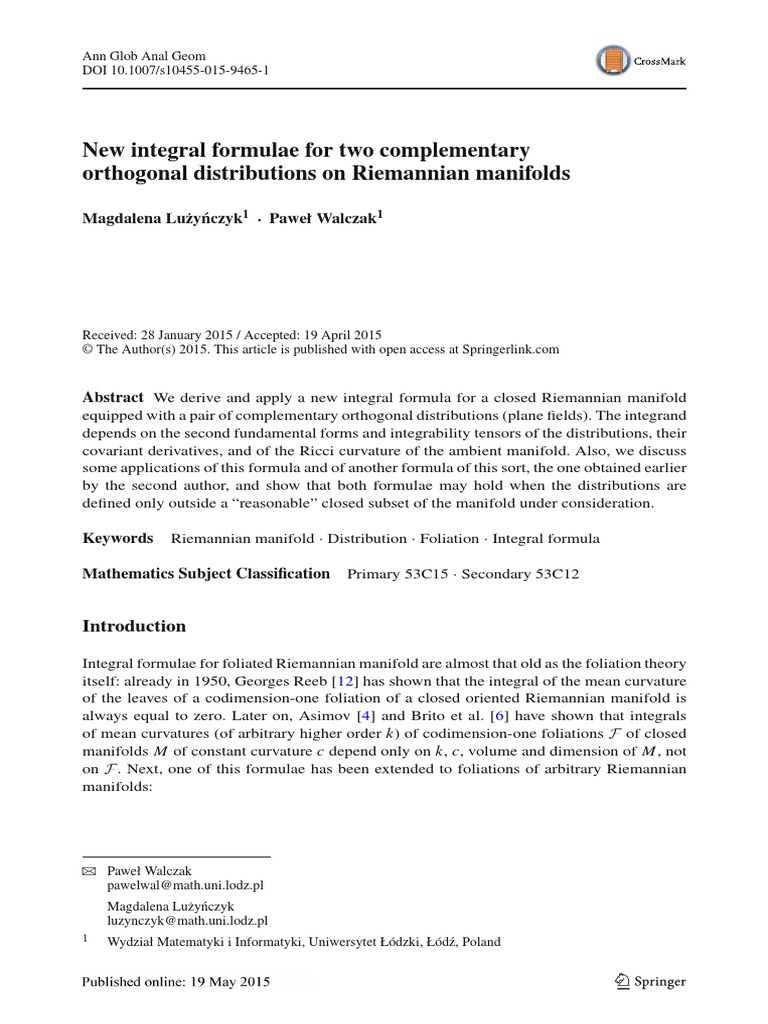 New Integral Formulae For Two Complementary Orthogonal Distributions On ...