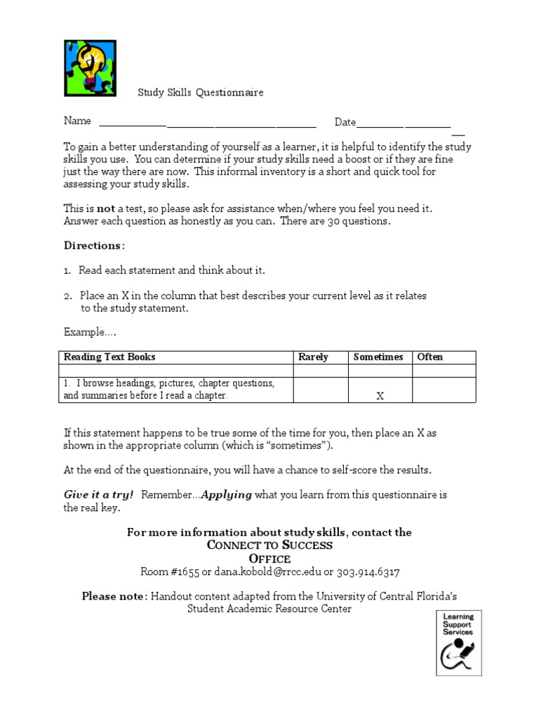 Study Skills Questionnaire | PDF | Study Skills | Question