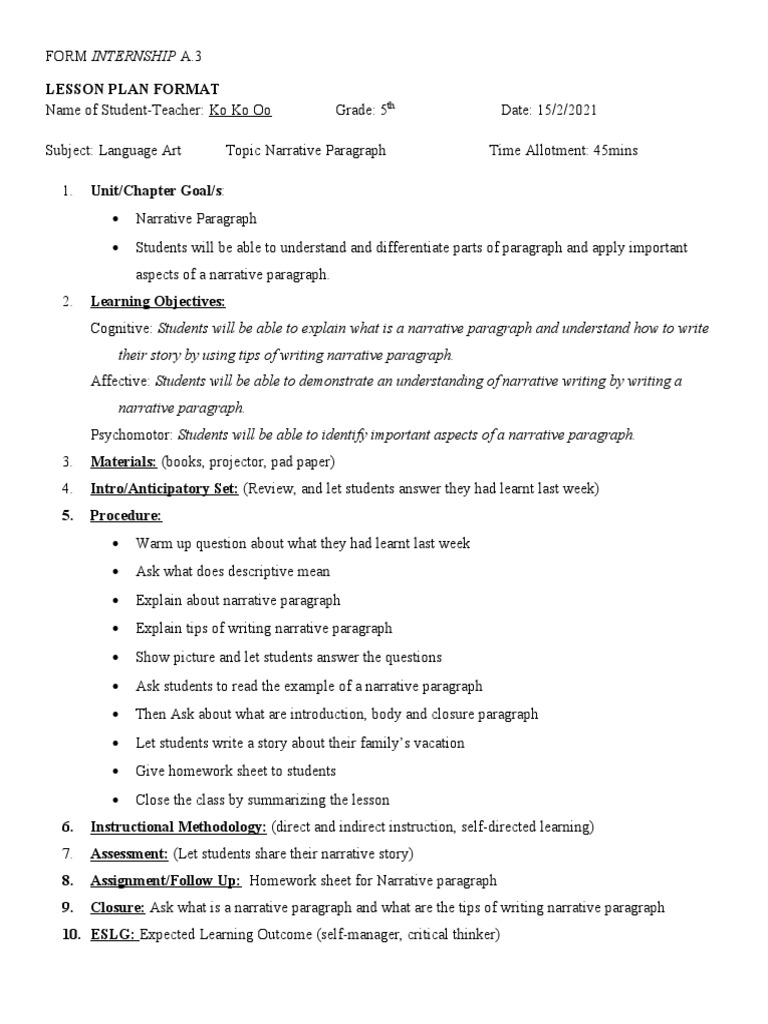 Grade 5 Narrative Paragraph Lesson Plan | PDF | Language Arts & Discipline