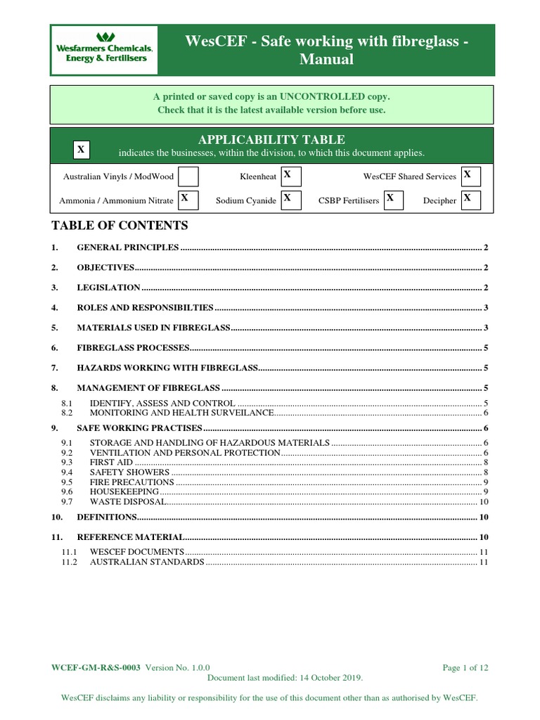 Wescef Safe Working With Fibreglass Manual Applicability Table