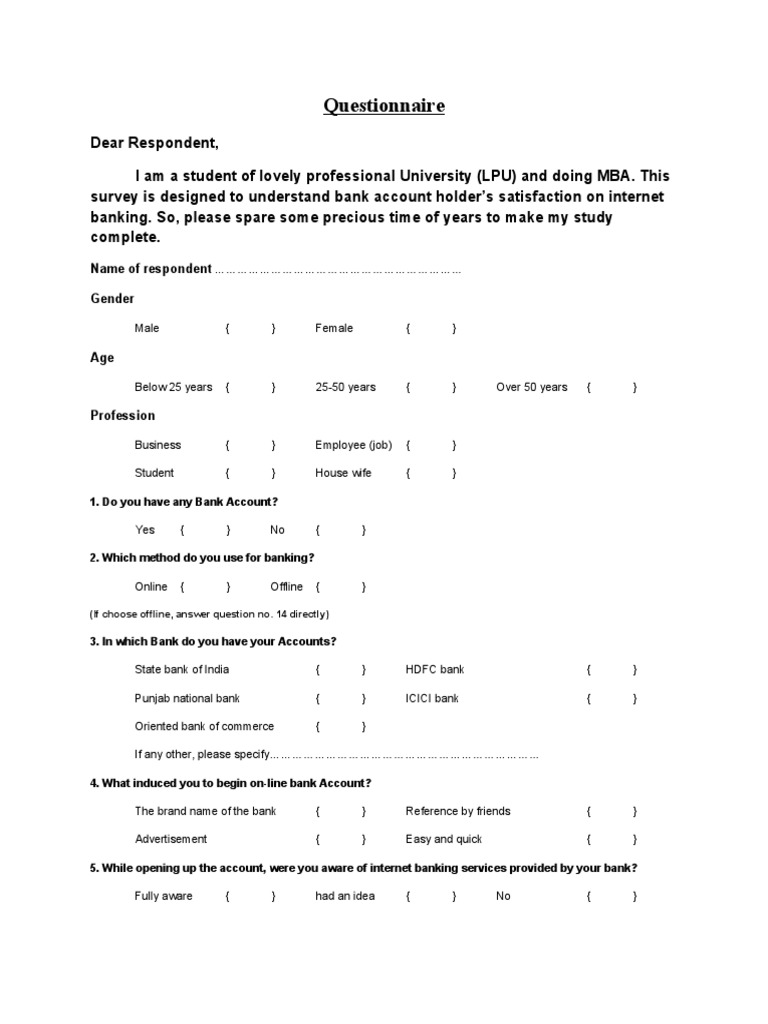 Questionnaire of Bank Account Holder's Satisfaction On Internet Banking ...