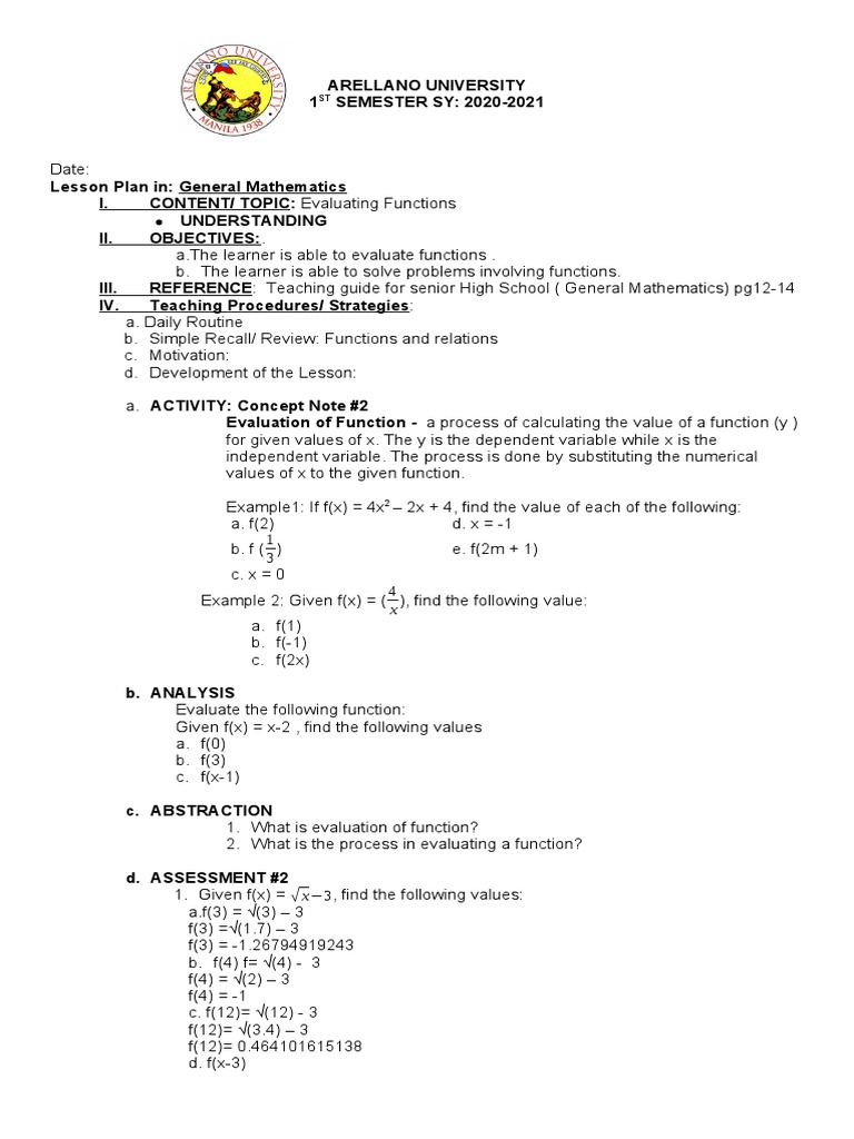 Evaluating Functions Lesson Plan | PDF | Teaching Methods & Materials ...