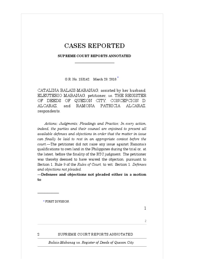BalaisMabanag vs. Register of Deeds of Quezon City PDF Lawsuit