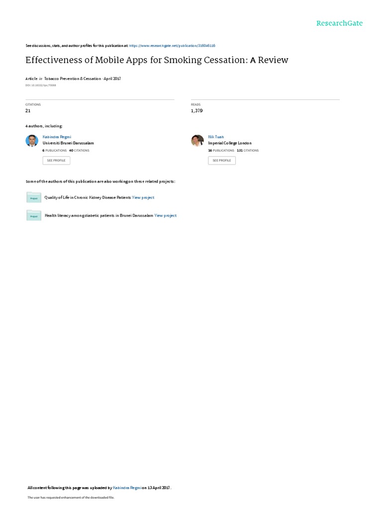 Effectiveness of Mobile Apps for Smoking Cessation Α Review PDF Smoking Cessation