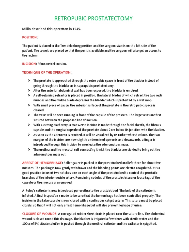 Retropubic Prostatectomy Overview | PDF | Prostate | Catheter