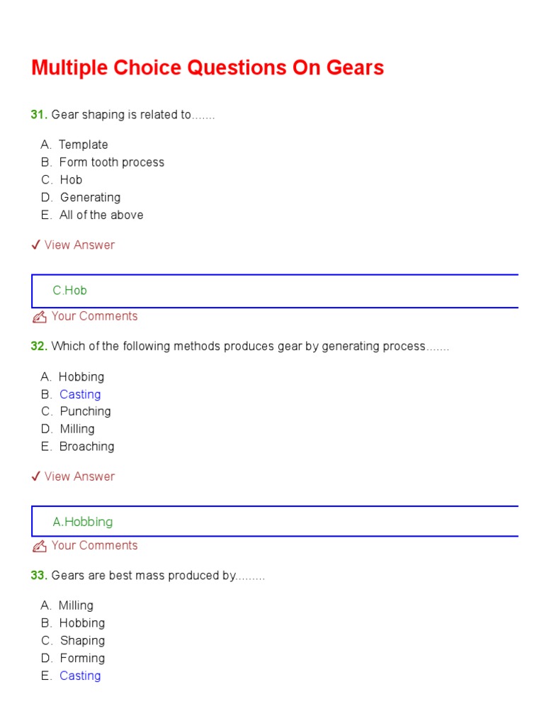 Multiple Choice Questions On Gears: View Answer | PDF
