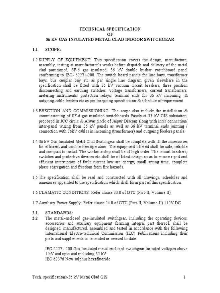 36 kV Gas Insulated Switchgear Specs | PDF | Transformer | Switch