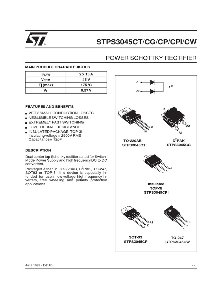 STPS3045CT/CG/CP/CPI/CW: Power Schottky Rectifier | PDF | Rectifier | Diode