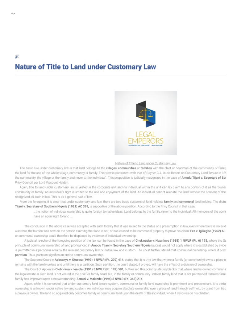 Nature of Title to Land under Customary Law Communal, Family and Individual Ownership PDF