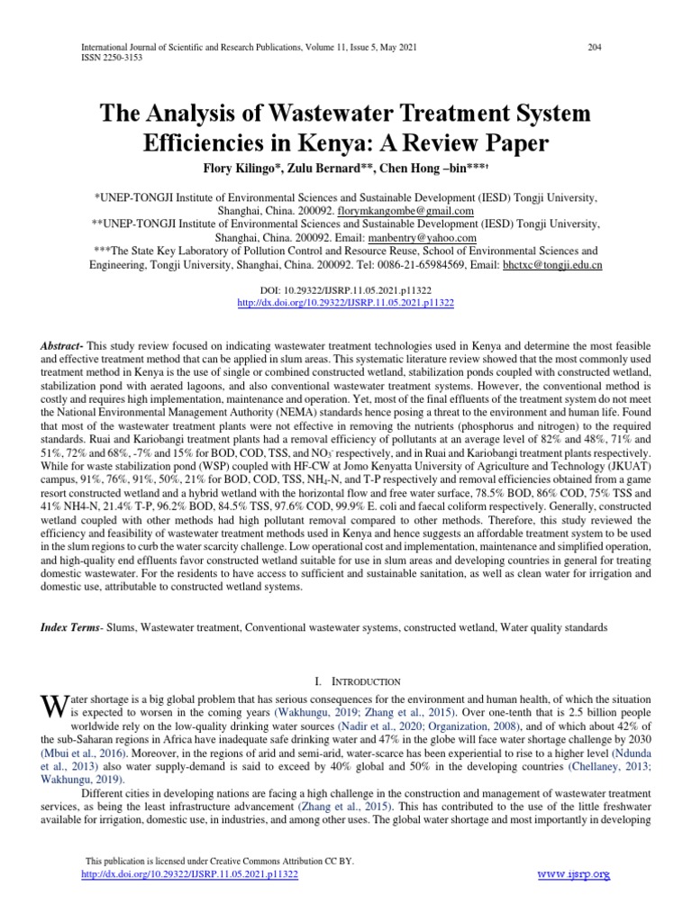 The Analysis of Wastewater Treatment System Efficiencies in Kenya: A ...