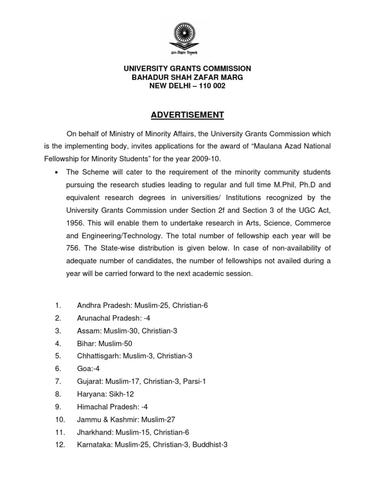 Maulana Azad Fellowship for Minorities 2009-10 | PDF | Doctor Of Philosophy