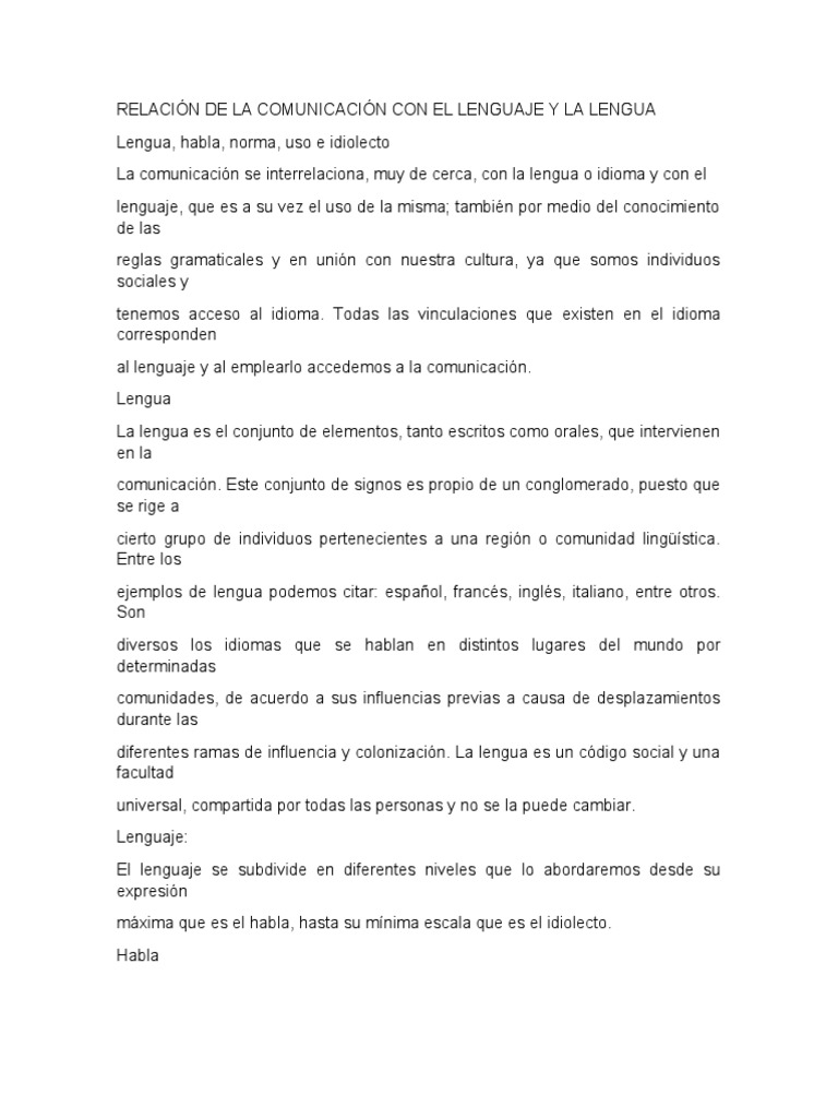 Relación de La Comunicación Con El Lenguaje y La Lengua | PDF | Habla ...