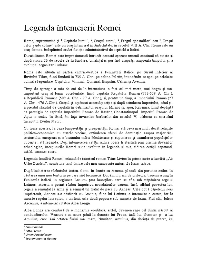 Legenda Întemeierii Romei-Referat | PDF