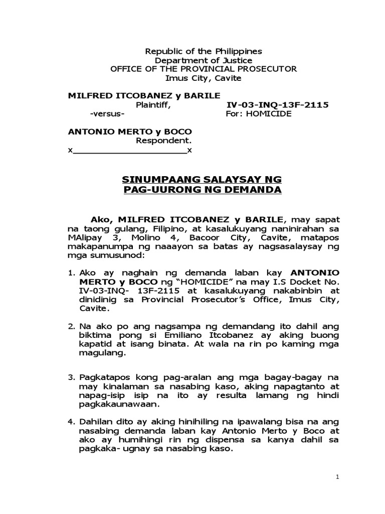 Affidavit of Desistance Tagalog Sample | PDF
