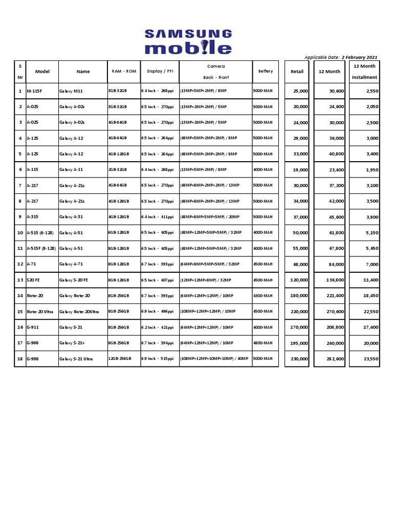 Samsung Mobile Rates 02022021 PDF Mobile Linux Best Buy