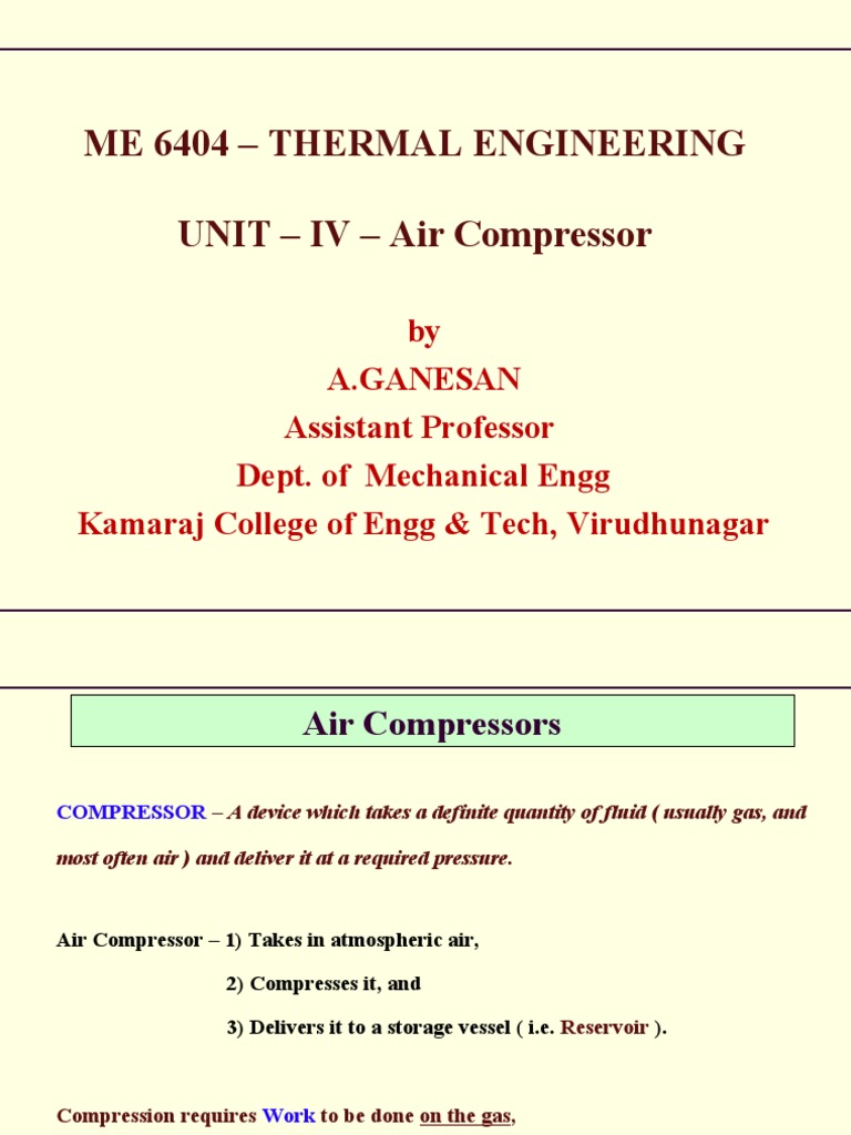 Me 6404 - Thermal Engineering UNIT - IV - Air Compressor | PDF ...
