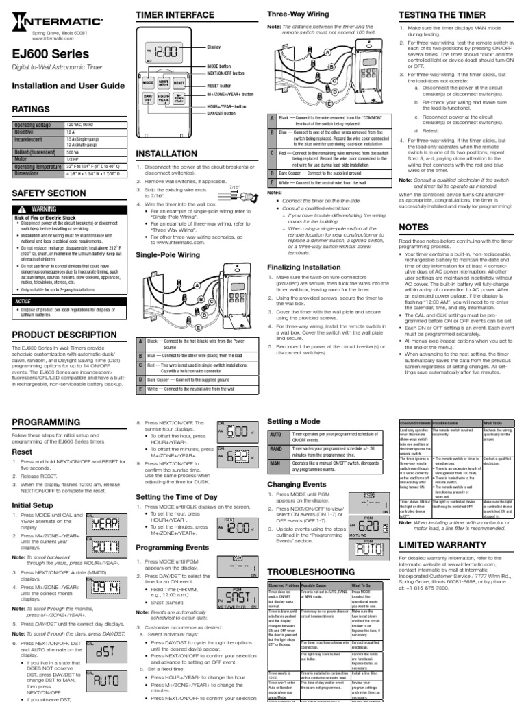 INTERFMATIC InWall Astronomical Timer EJ600 InstructionsEN PDF PDF