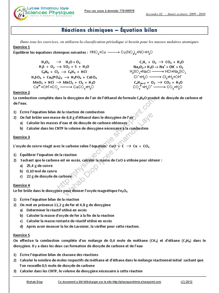 Exercices de Réactions Chimiques Seconde | PDF | La combustion | Cuivre