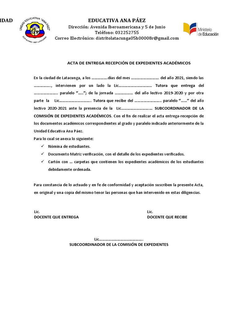 Acta Entrega Recepción de Expedientes Académicos | PDF | Estudios de  idiomas extranjeros, image size:768x1024