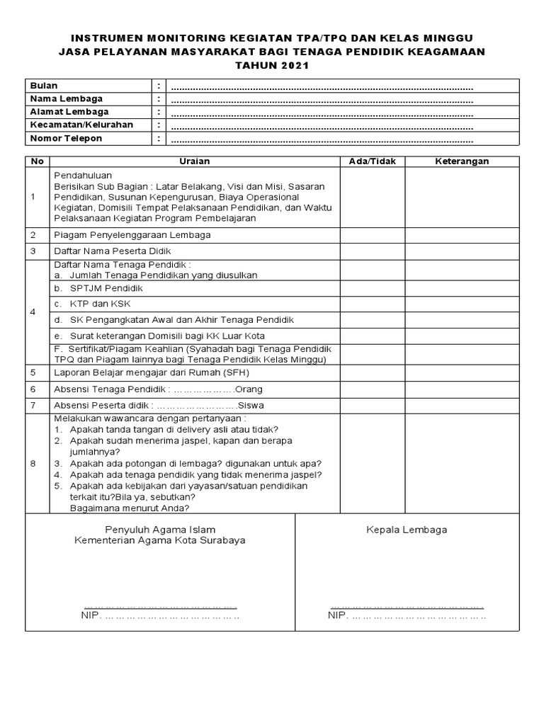 Form Monev TPQ TW 1 2021 (Monev) | PDF | Karier & Perkembangan