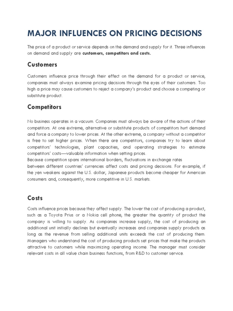 Major Influences On Pricing Decisions PDF Monopoly Pricing