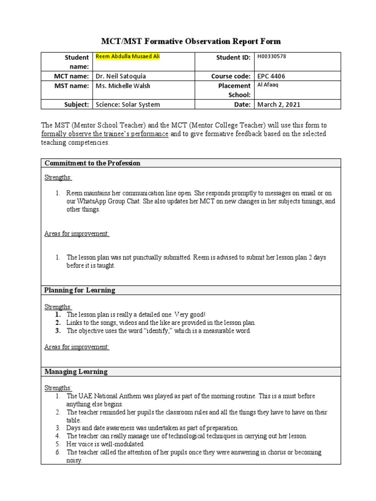 MCT/MST Observation Report: Reem Abdulla | PDF | Reading Comprehension ...