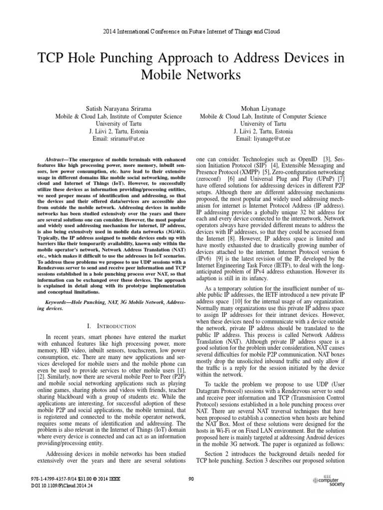 TCP Hole Punching Approach To Address Devices in Mobile Networks PDF