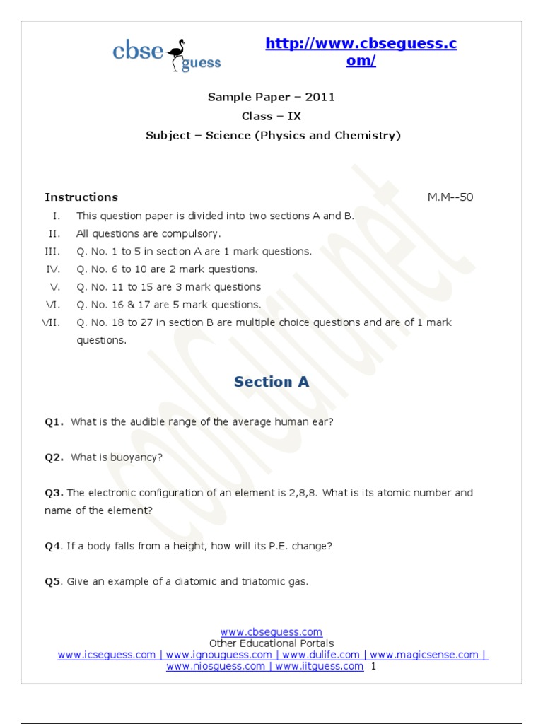 Class IX Science Sample Paper | PDF | Atoms | Sound