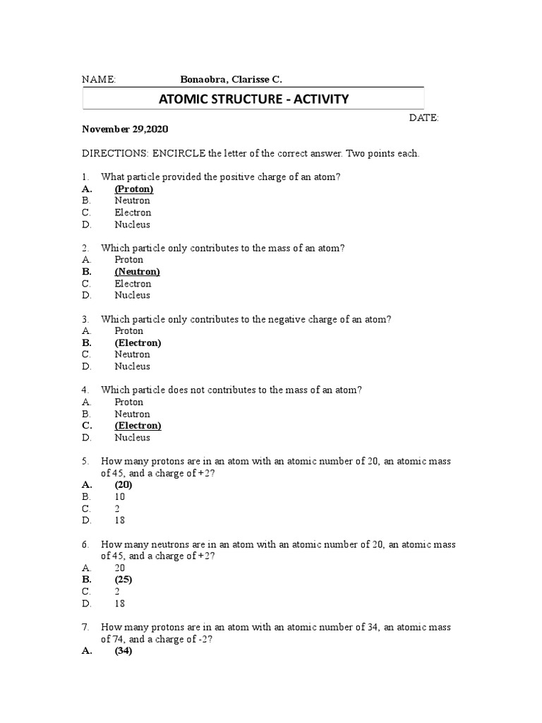 Atomic Structure Quiz Questions | PDF | Atoms | Proton