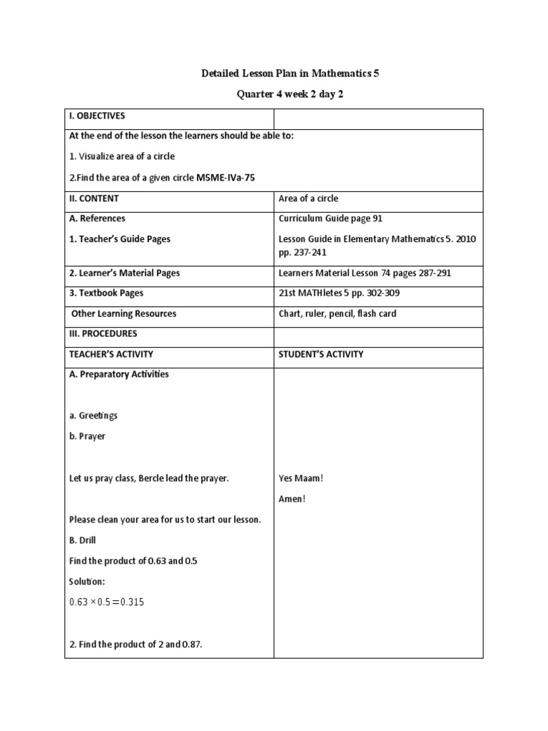 Grade 5 Math Lesson Plan: Area of Circle | PDF | Volume | Lesson Plan